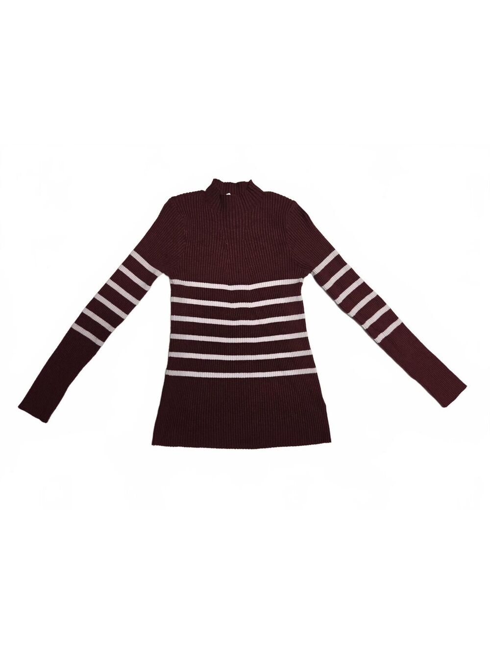 Grace + Karma Burgundy White Striped Ribbed Knit Mock Neck Sweater Size S